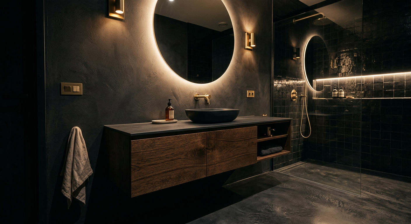 Baño premium a medida Projecta en Barcelona con mueble suspendido y lavabo integrado en Neolith