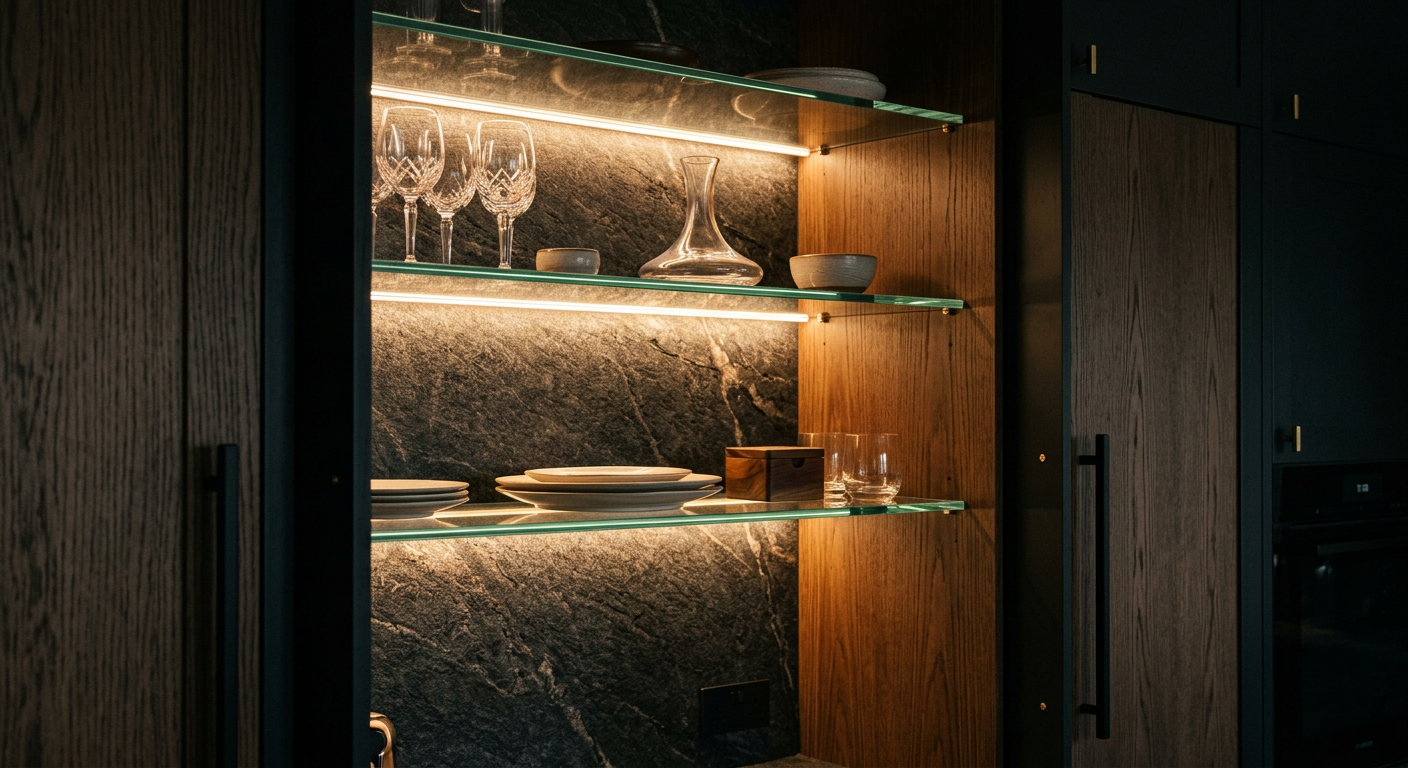 Iluminación LED integrada en vitrina de mueble de cocina a medida