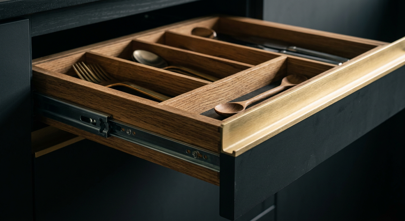 Cajón premium de cocina a medida con guías suaves y organizadores